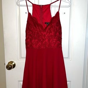 Red party/prom dress lacy/sparkly top half, spaghetti straps